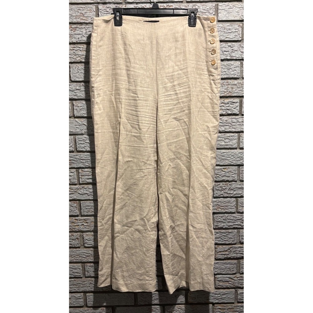 Talbots Women 12 Beige 100% Linen Wide Leg Sailor Button Trousers Pants Oatmeal